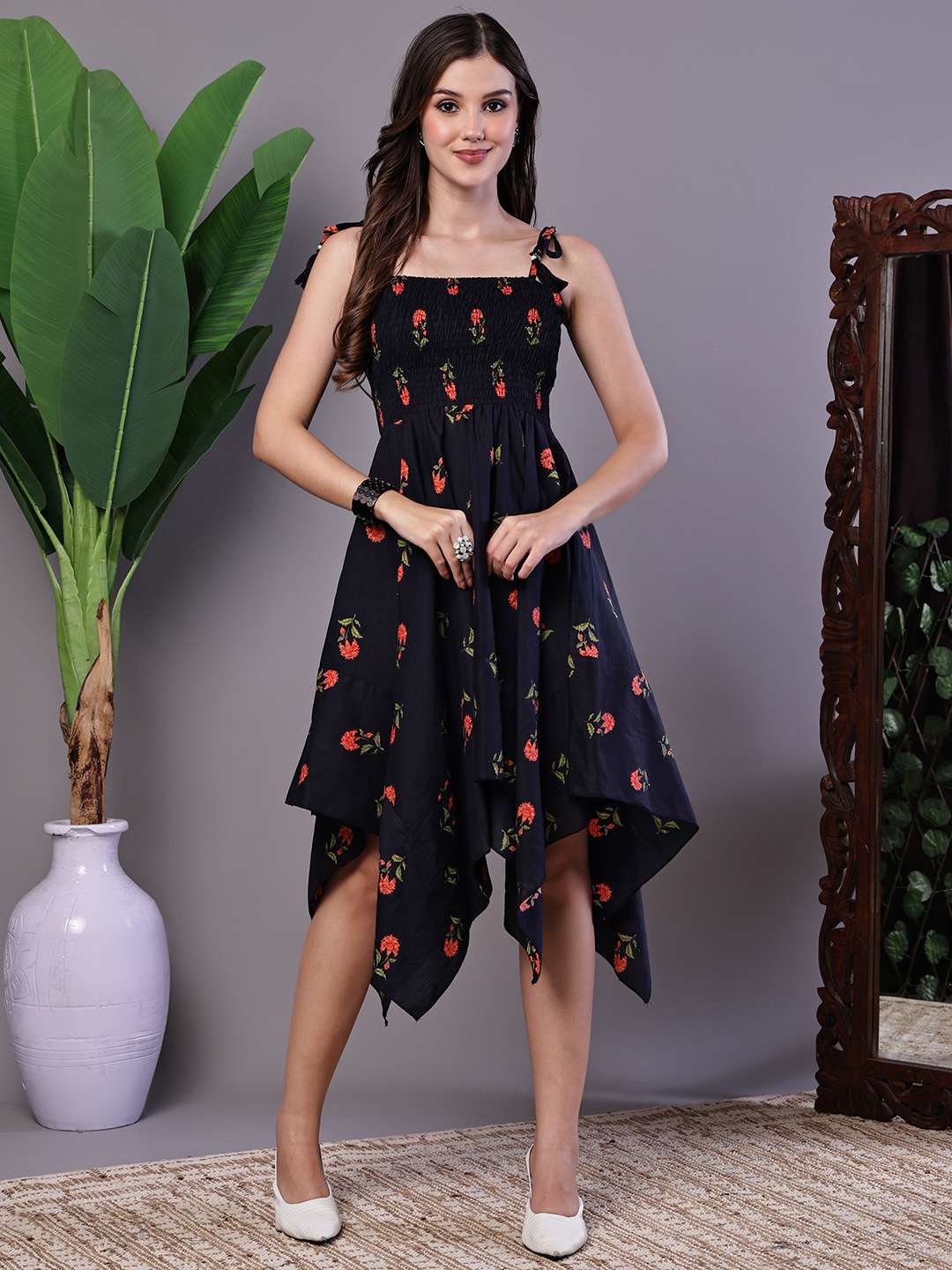 Women's Black Floral Printed Cotton Handkerchief Hem Dress Midi Dresses