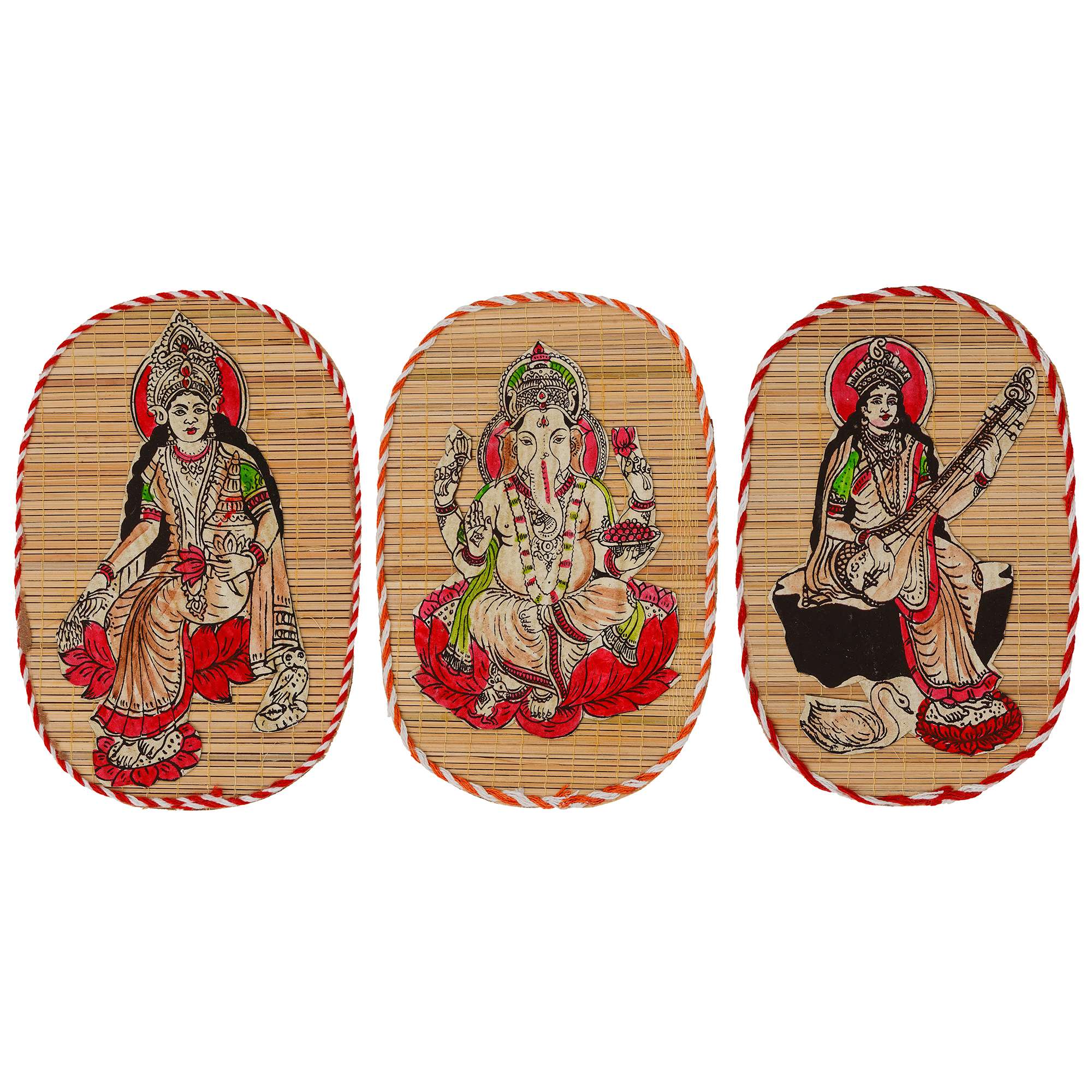Bamboo Hand Crafted Wall Hangings Of The Trio Of Ganesh Ji, Laxmi Ji And Sarwasti Ji Painting For Home Decor - Image 2